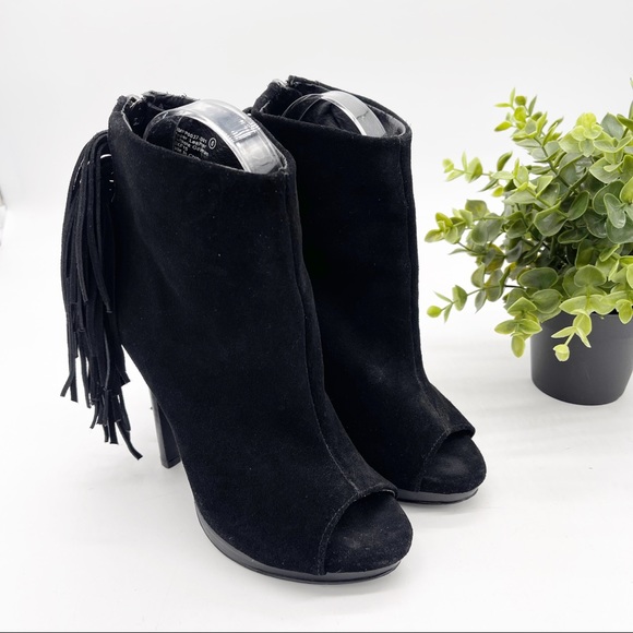 NAUGHTY MONKEY Girl’s Best Fringe Peeptoe Suede High Heel Booties - Picture 2 of 11